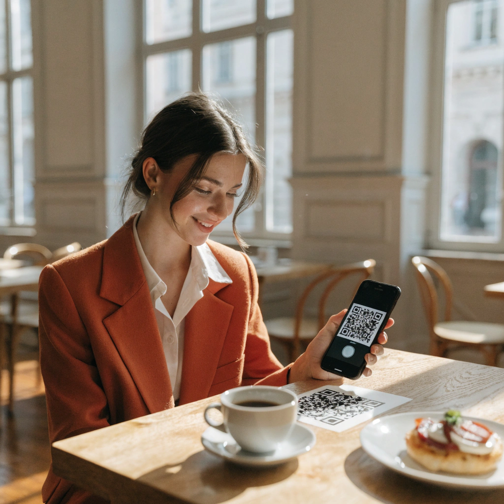 Гостья сканирует QR-код меню в кафе